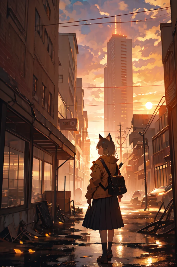 1. **Character**:
   - The character is standing with her back to the viewer, facing the sunset.
   - She has cat ears, which may suggest she is either a fantasy character or wearing some kind of accessory.
   - Her outfit consists of a light brown jacket with dark trim, likely a , and a pleated gray skirt.
   - She has a shoulder bag or satchel slung over her right shoulder.

2. **Environment**:
   - The setting is an urban area, appearing to be in a state of decay or abandonment.
   - Buildings are visible in the background, many of which have visible signs of wear, damage, and overgrowth.
   - The foreground has broken or uneven terrain, possibly remnants of collapsed structures or streets.

3. **Lighting and Atmosphere**:
   - The scene is bathed in warm, golden light from the setting sun.
   - The sun is low on the horizon, casting long shadows and creating a dramatic, melancholic atmosphere.
   - The sky is partly cloudy with scattered clouds lit up by the sunset, enhancing the warm tones.

4. **Details**:
   - There are some leaves or small debris being carried by the wind, adding a sense of movement and life to the otherwise still scene.
   - Vegetation is visible, with some plants growing through the cracks in the broken urban landscape.
   - The overall atmosphere is a mix of serene and somber, with the character standing still, perhaps contemplating the scene before her.

5. **Overall Composition**:
   - The composition directs the viewer's eye towards the horizon where the sun is setting.
   - The character's placement in the foreground adds a personal element to the vast, desolate urban landscape.
   - The contrast between the warm light of the sunset and the cool, muted colors of the ruined city creates a striking visual impact.

The image evokes a strong emotional response, blending themes of decay and hope, solitude and contemplation, suggesting a story or journey behind the character and the scene.