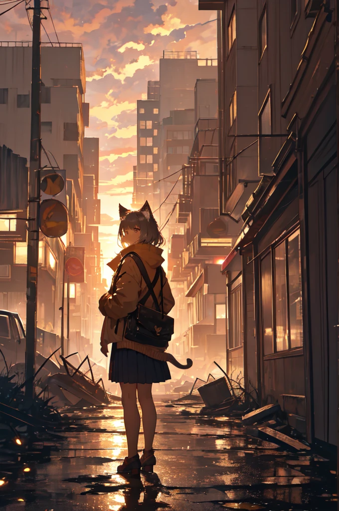 1. **Character**:
   - The character is standing with her back to the viewer, facing the sunset.
   - She has cat ears, which may suggest she is either a fantasy character or wearing some kind of accessory.
   - Her outfit consists of a light brown jacket with dark trim, likely a , and a pleated gray skirt.
   - She has a shoulder bag or satchel slung over her right shoulder.

2. **Environment**:
   - The setting is an urban area, appearing to be in a state of decay or abandonment.
   - Buildings are visible in the background, many of which have visible signs of wear, damage, and overgrowth.
   - The foreground has broken or uneven terrain, possibly remnants of collapsed structures or streets.

3. **Lighting and Atmosphere**:
   - The scene is bathed in warm, golden light from the setting sun.
   - The sun is low on the horizon, casting long shadows and creating a dramatic, melancholic atmosphere.
   - The sky is partly cloudy with scattered clouds lit up by the sunset, enhancing the warm tones.

4. **Details**:
   - There are some leaves or small debris being carried by the wind, adding a sense of movement and life to the otherwise still scene.
   - Vegetation is visible, with some plants growing through the cracks in the broken urban landscape.
   - The overall atmosphere is a mix of serene and somber, with the character standing still, perhaps contemplating the scene before her.

5. **Overall Composition**:
   - The composition directs the viewer's eye towards the horizon where the sun is setting.
   - The character's placement in the foreground adds a personal element to the vast, desolate urban landscape.
   - The contrast between the warm light of the sunset and the cool, muted colors of the ruined city creates a striking visual impact.

The image evokes a strong emotional response, blending themes of decay and hope, solitude and contemplation, suggesting a story or journey behind the character and the scene.