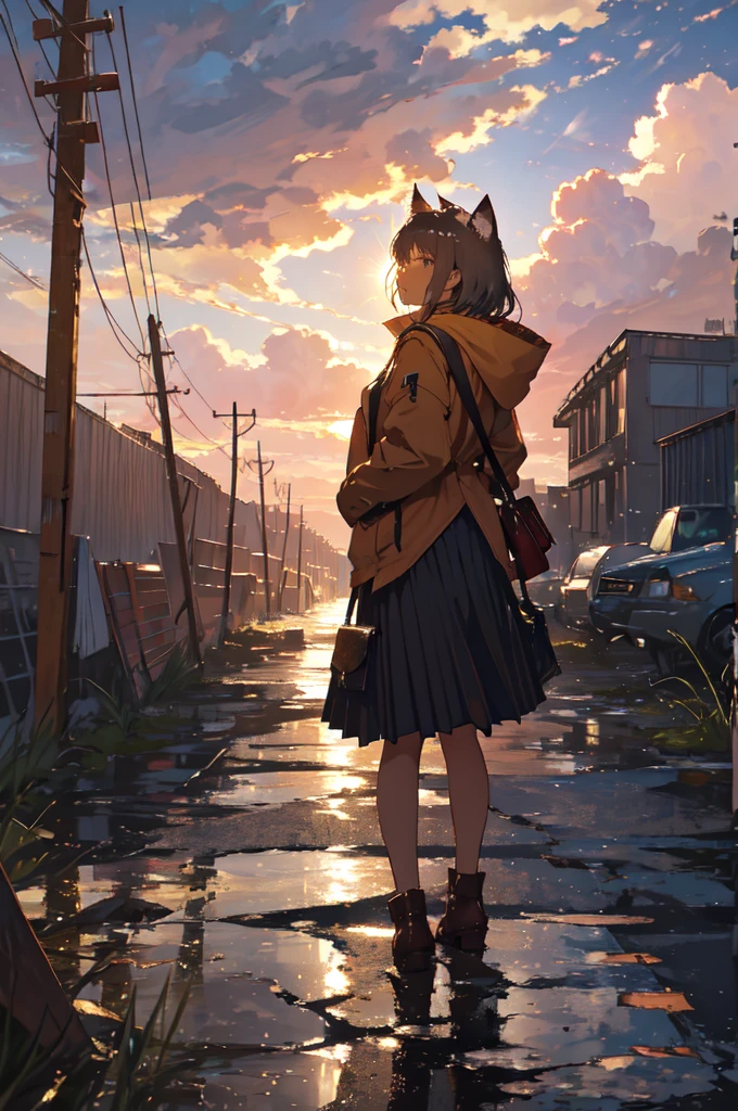 1. **Character**:
   - The character is standing with her back to the viewer, facing the sunset.
   - She has cat ears, which may suggest she is either a fantasy character or wearing some kind of accessory.
   - Her outfit consists of a light brown jacket with dark trim, likely a , and a pleated gray skirt.
   - She has a shoulder bag or satchel slung over her right shoulder.

2. **Environment**:
   - The setting is an urban area, appearing to be in a state of decay or abandonment.
   - Buildings are visible in the background, many of which have visible signs of wear, damage, and overgrowth.
   - The foreground has broken or uneven terrain, possibly remnants of collapsed structures or streets.

3. **Lighting and Atmosphere**:
   - The scene is bathed in warm, golden light from the setting sun.
   - The sun is low on the horizon, casting long shadows and creating a dramatic, melancholic atmosphere.
   - The sky is partly cloudy with scattered clouds lit up by the sunset, enhancing the warm tones.

4. **Details**:
   - There are some leaves or small debris being carried by the wind, adding a sense of movement and life to the otherwise still scene.
   - Vegetation is visible, with some plants growing through the cracks in the broken urban landscape.
   - The overall atmosphere is a mix of serene and somber, with the character standing still, perhaps contemplating the scene before her.

5. **Overall Composition**:
   - The composition directs the viewer's eye towards the horizon where the sun is setting.
   - The character's placement in the foreground adds a personal element to the vast, desolate urban landscape.
   - The contrast between the warm light of the sunset and the cool, muted colors of the ruined city creates a striking visual impact.

The image evokes a strong emotional response, blending themes of decay and hope, solitude and contemplation, suggesting a story or journey behind the character and the scene.