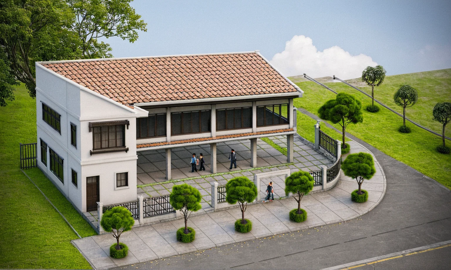 Raw photo,Masterpiece, high quality, best quality, authentic, super detail,
exterior, outdoors, house style indochine on the street ,aiaigroup
road,pavement, grass, trees, sky, cloud, (day:1.1)