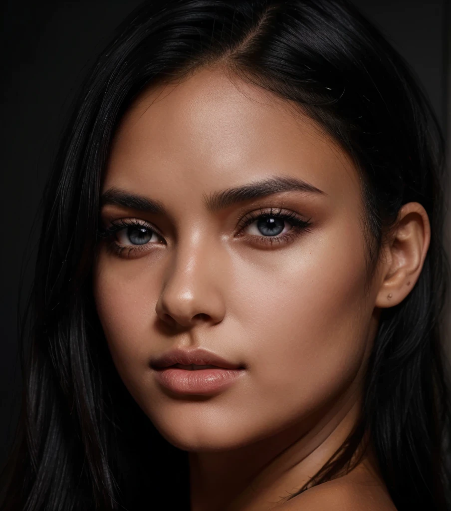 young woman, skin black, blackquality hair, dark shaped eyes, glare eyes, side profile of the face, face detailed, light brightening the face, black background with details, redgown, bluor.