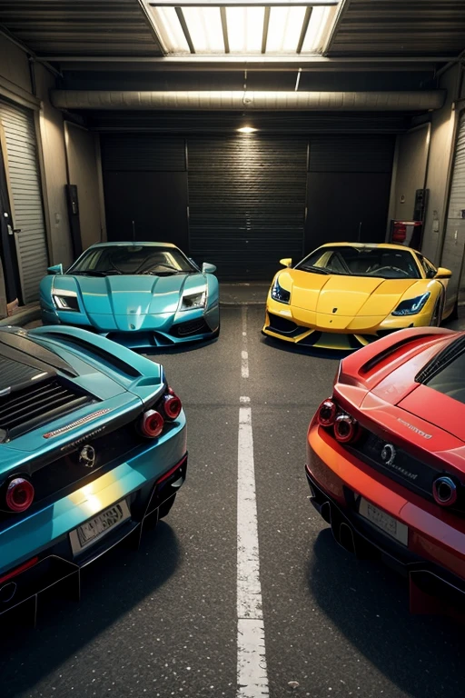 Create an image of a tuning workshop with Ferrari and Lamborghini cars parked in front ,image based on gta san andreas