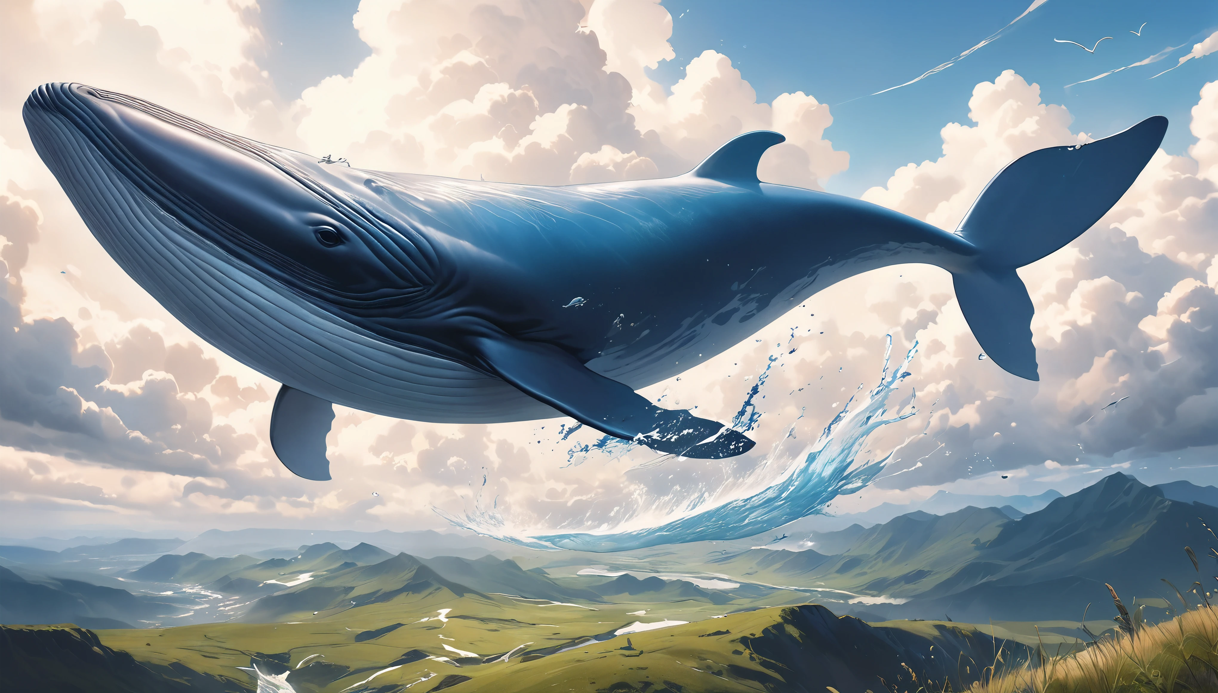 Blue whale flying in the sky, Aesthetic Moby Dick, dynamic, Splash-like clouds, BREAK Above the Grassland, (Realistic, Realistic photos:1.37, Photorealistic), 
