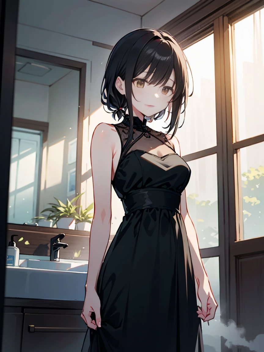 Beautiful woman、２８age、Draw a scene of Misaki standing in front of the bathroom mirror.。Misaki is wearing a transparent black dress with a light mist-like texture.。The dress symbolized her loneliness.、It gives a heavy yet ephemeral feeling.。Her expression is sad and introspective.、I&#39;m looking at myself in the mirror。The background is a simple and contemporary bathroom.、The soft morning light shines in、There&#39;s a little bit of steam。The cityscape is faintly reflected in the mirror.。