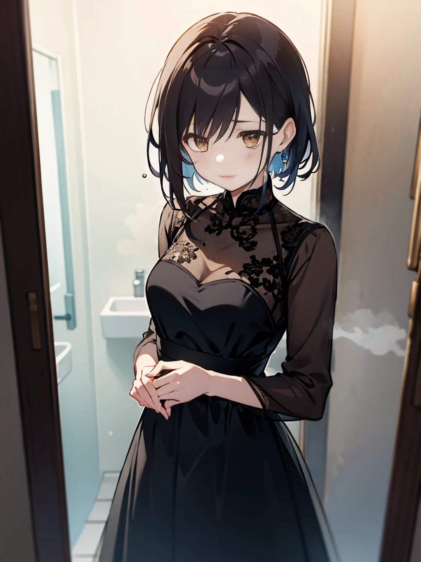 Beautiful woman、２８age、Draw a scene of Misaki standing in front of the bathroom mirror.。Misaki is wearing a transparent black dress with a light mist-like texture.。The dress symbolized her loneliness.、It gives a heavy yet ephemeral feeling.。Her expression is sad and introspective.、I&#39;m looking at myself in the mirror。The background is a simple and contemporary bathroom.、The soft morning light shines in、There&#39;s a little bit of steam。The cityscape is faintly reflected in the mirror.。