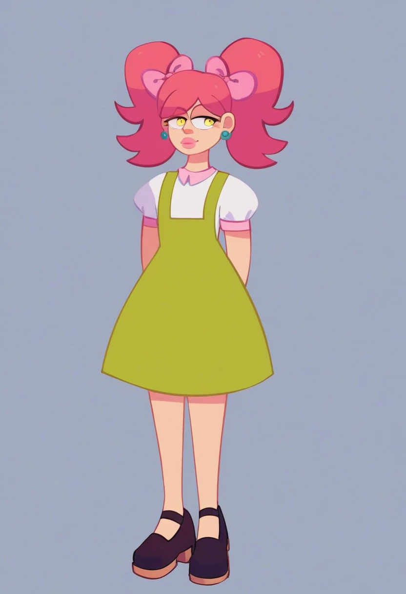 susie_huckerdoo, 1girl, full body, solo, simple background, white shirt with 2 black buttons and a flower-like collar, greenish blue overall-dress with a pink bow around dress, black Mary Jane shoes. light pink hair, pigtails, light yellow eyes, big light pink lips
