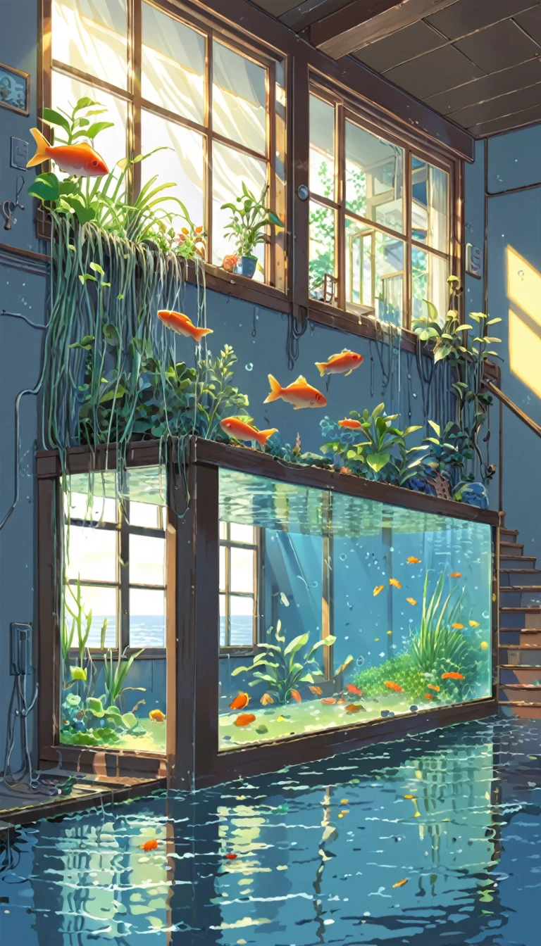 ((anime:1.4,illustration)),(masterpiece, top quality, best quality),(ultra-detailed, absolutely resolution),((16k, high res)). BREAK {lofi art, style of Laurie Greasley, style of Makoto Shinkai, anime aesthetic}, BREAK {A house sunk at the bottom of the sea, a house at the bottom of the sea, red and blue and yellow fish swimming in the house, water plants growing in the house, sunlight reaching the bottom of the water.}