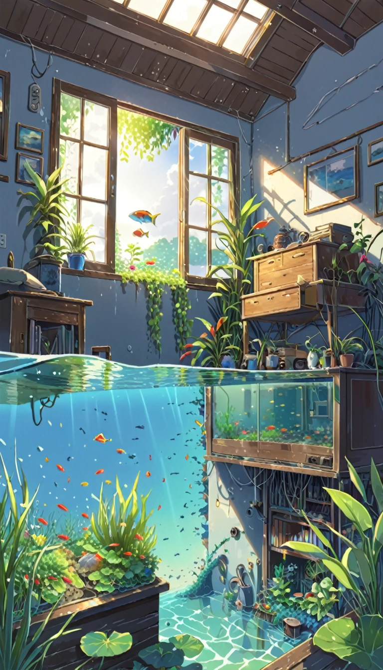 ((anime:1.4,illustration)),(masterpiece, top quality, best quality),(ultra-detailed, absolutely resolution),((16k, high res)). BREAK {lofi art, style of Laurie Greasley, style of Makoto Shinkai, anime aesthetic}, BREAK {A house sunk at the bottom of the sea, a house at the bottom of the sea, red and blue and yellow fish swimming in the house, water plants growing in the house, sunlight reaching the bottom of the water.}