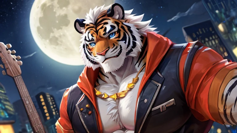 bynamic angle,depth of field, motion blur, absurdres,looking at viewer, (best quality), (masterpiece), (ultra detailed),(detailed eyes),sharp focus,manga,anthro male tiger orange white hair,(muscular),(Tiger Around 30 years old),Huge body chest , own pet kitty ,sky blue eyes,handsome gray pants holding an electric guitarr , love, Night, stars in the sky, Full Moon cyber city orange necklace