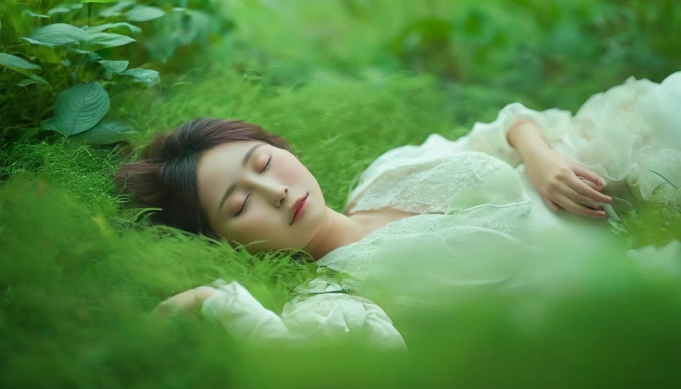 (masterpiece,Japanese), Highest quality, One girl, (Sleeping in a forest of lush grass and leaves,Happy sleeping face),Realistic photos, Professional photos, ((Overlooking,A hazy atmosphere))