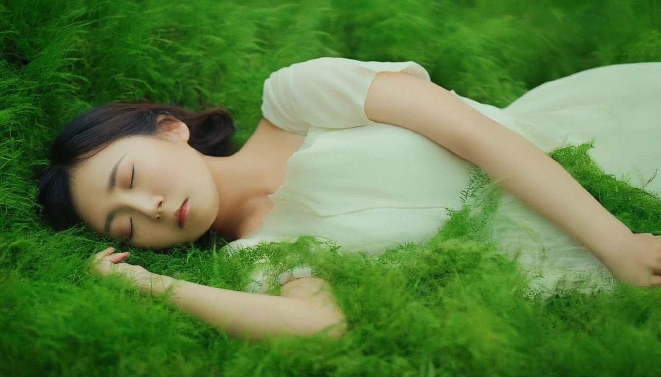 (masterpiece,Japanese), Highest quality, One girl, (Sleeping in a forest of lush grass and leaves,Happy sleeping face),Realistic photos, Professional photos, ((Overlooking,A hazy atmosphere))