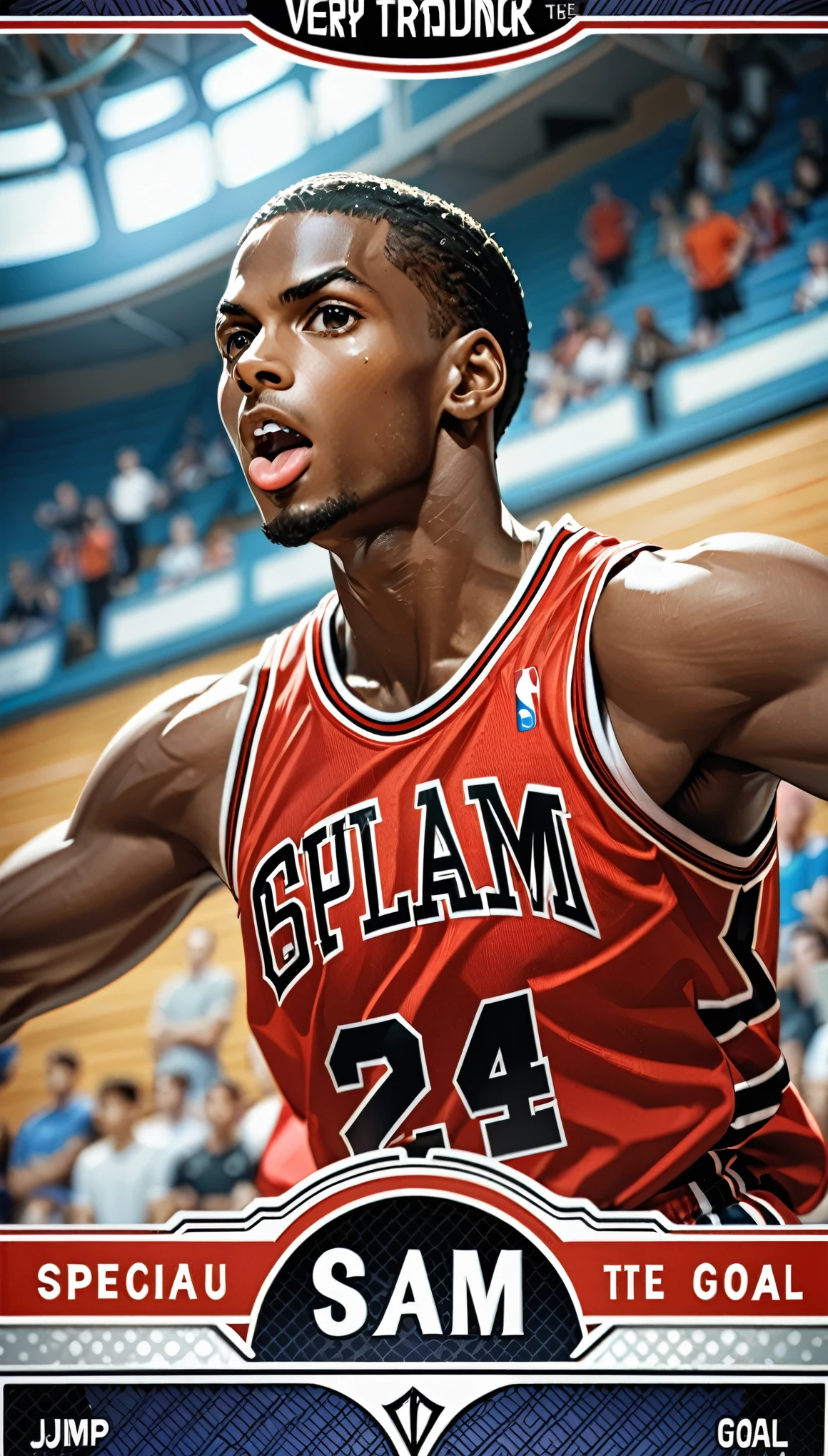 (masterpiece:1.2,Highest quality,Highest quality,High resolution),(Super detailed),(Anime Style),8k,wallpaper,One Man,Black,Basketball Player,Michael Jordan,Detailed face,Sticking out tongue,Chicago Bulls Uniforms,((front)),((Directly above)),((Lean your body back)),(((Jump very high towards the goal:1.6))),((Look up at the ball)),((Slam Dunk:1.6)),(((Dynamic Angles),Basketball Court,(((Background Blur))),(((Upper body close-up))),((From below)),(Basketball Playerトレーディングカード),(((Beautiful trading cards:1.2))),((Special trading cards:1.3)),((Upper Deck inspired design:1.2))