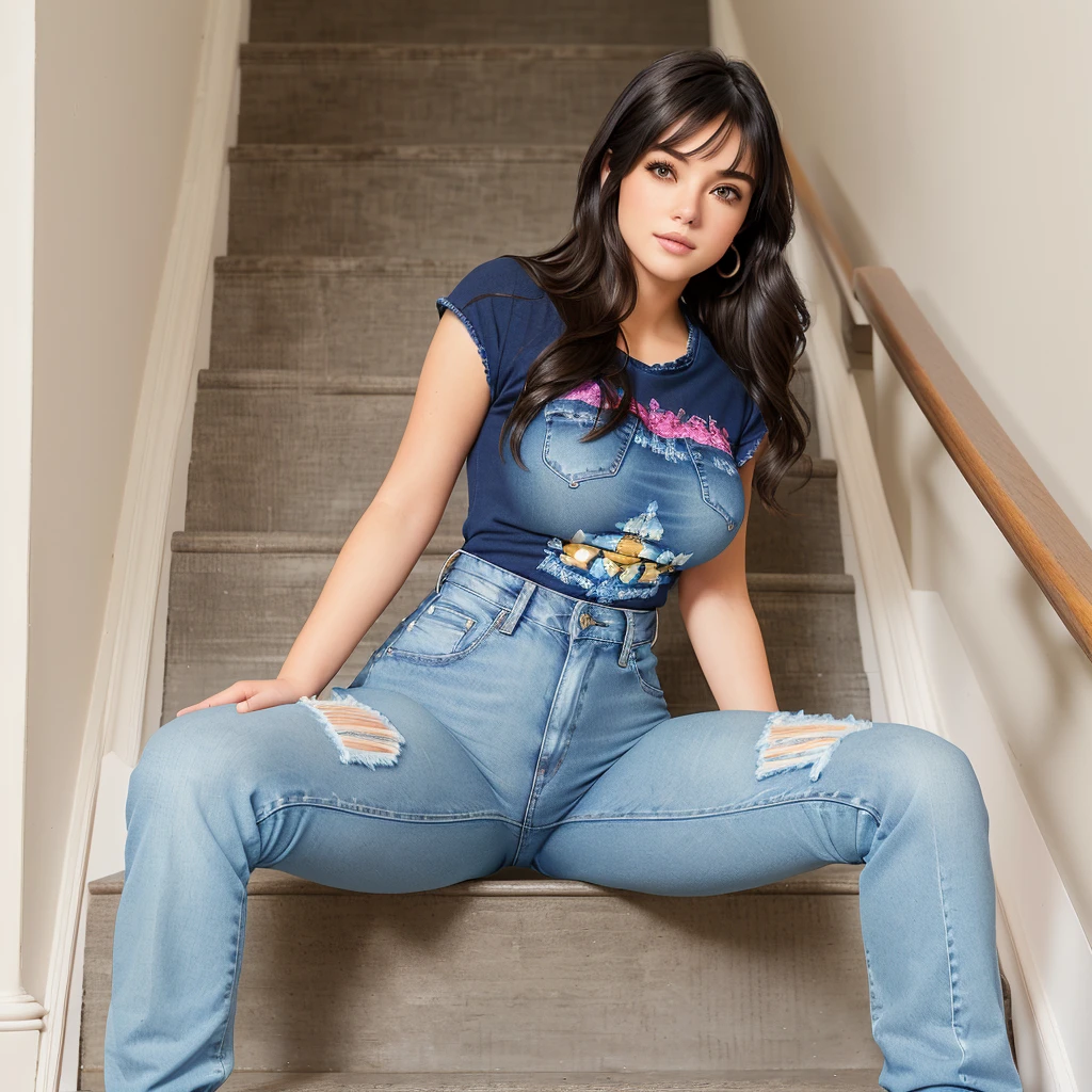 arafed woman sitting on a stair, tight blue jeans and cool shoes, jeans and t shirt, coming down the stairs, dark hair, casually dressed, tight denim jeans, girl, sitting down casually, kneeling and looking up, posing like a statue, kawaii shirt and jeans, sitting on a grand staircase, on her throne, legs spread wide
