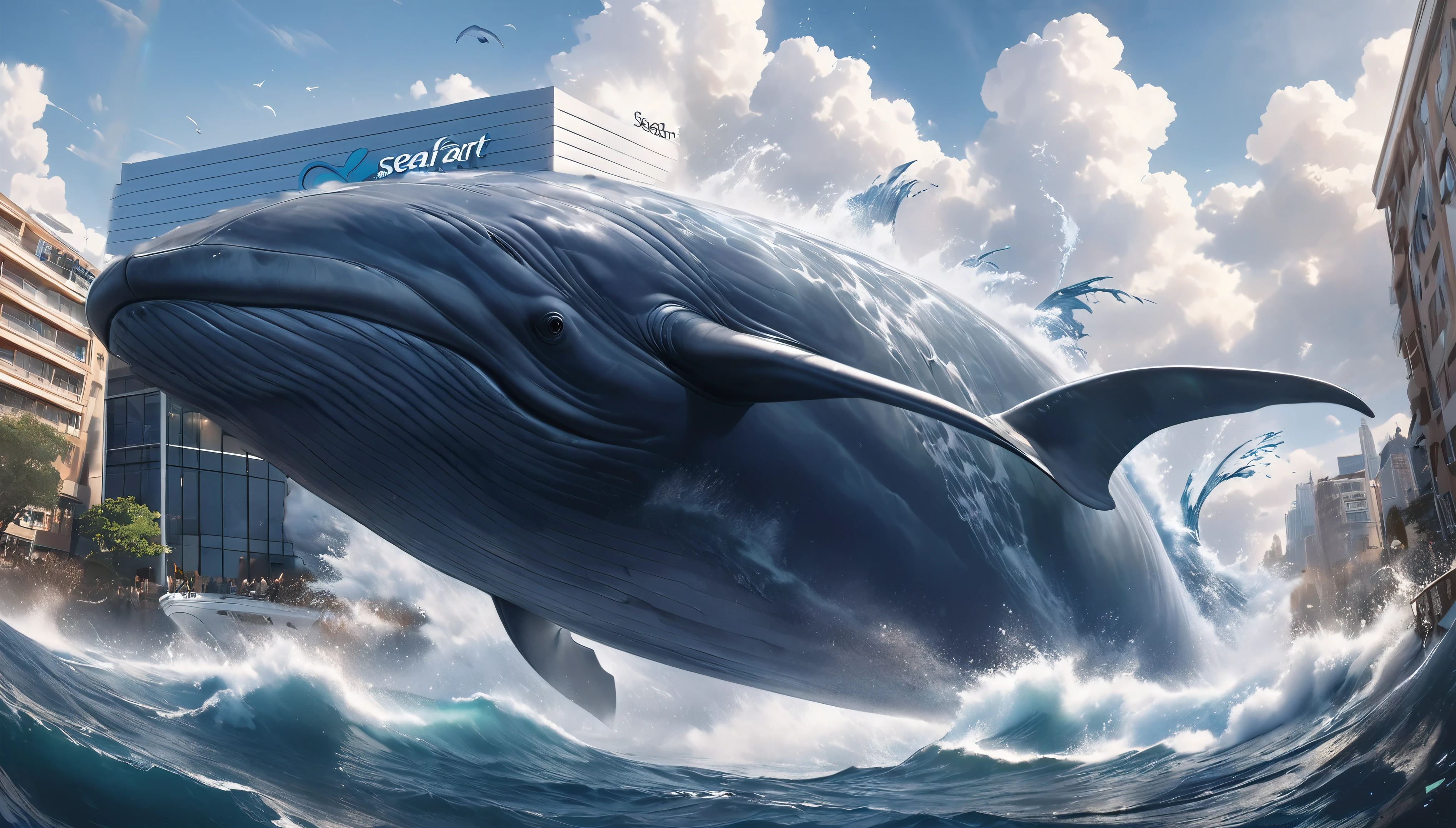 Blue whale flying in the sky, Aesthetic Moby Dick, dynamic, Splash-like clouds, BREAK Above the runway at the airport, (Realistic, Realistic photos:1.37, Photorealistic), 