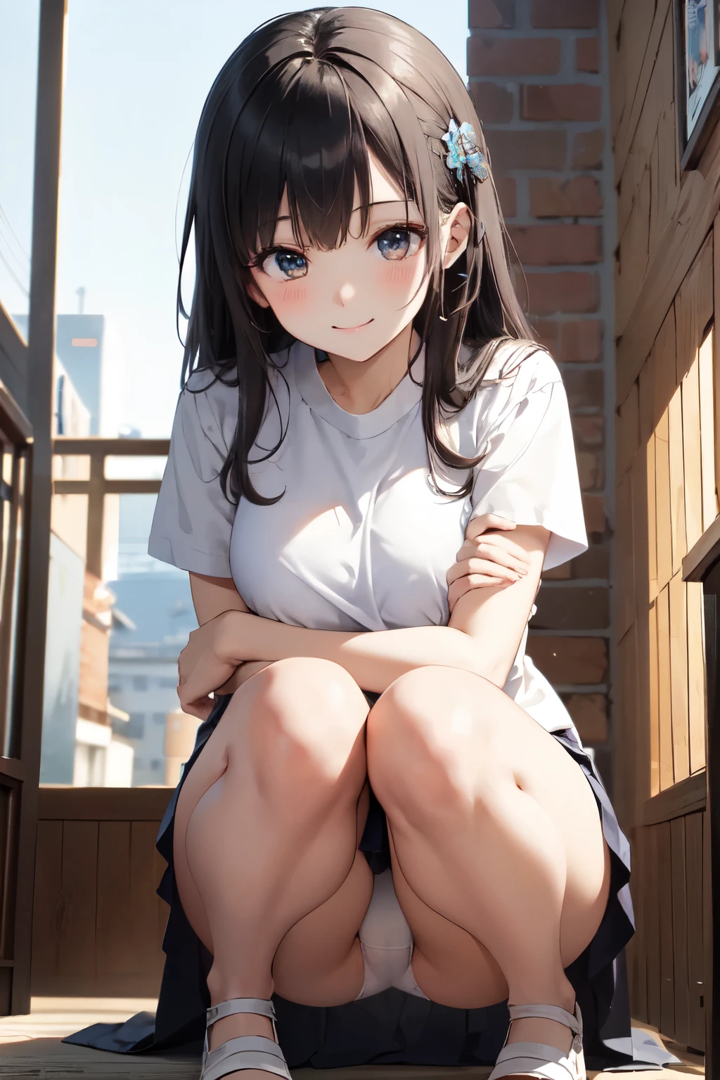 very cute and beautiful girl,(Very detailed美しい顔), (smile),blush,Black Hair,Seraphim,(White Shirt、Pleated navy blue pread your legs、Squat)、Sitting、(From below)、(Lacy white panties), Country road, (Highest quality,masterpiece:1.0),Absurd,High resolution,Super detailed,Very detailed,32K,8k resolution, Intricate details,Movie Scenes,Detailed Background,alone,Dynamic Angle,