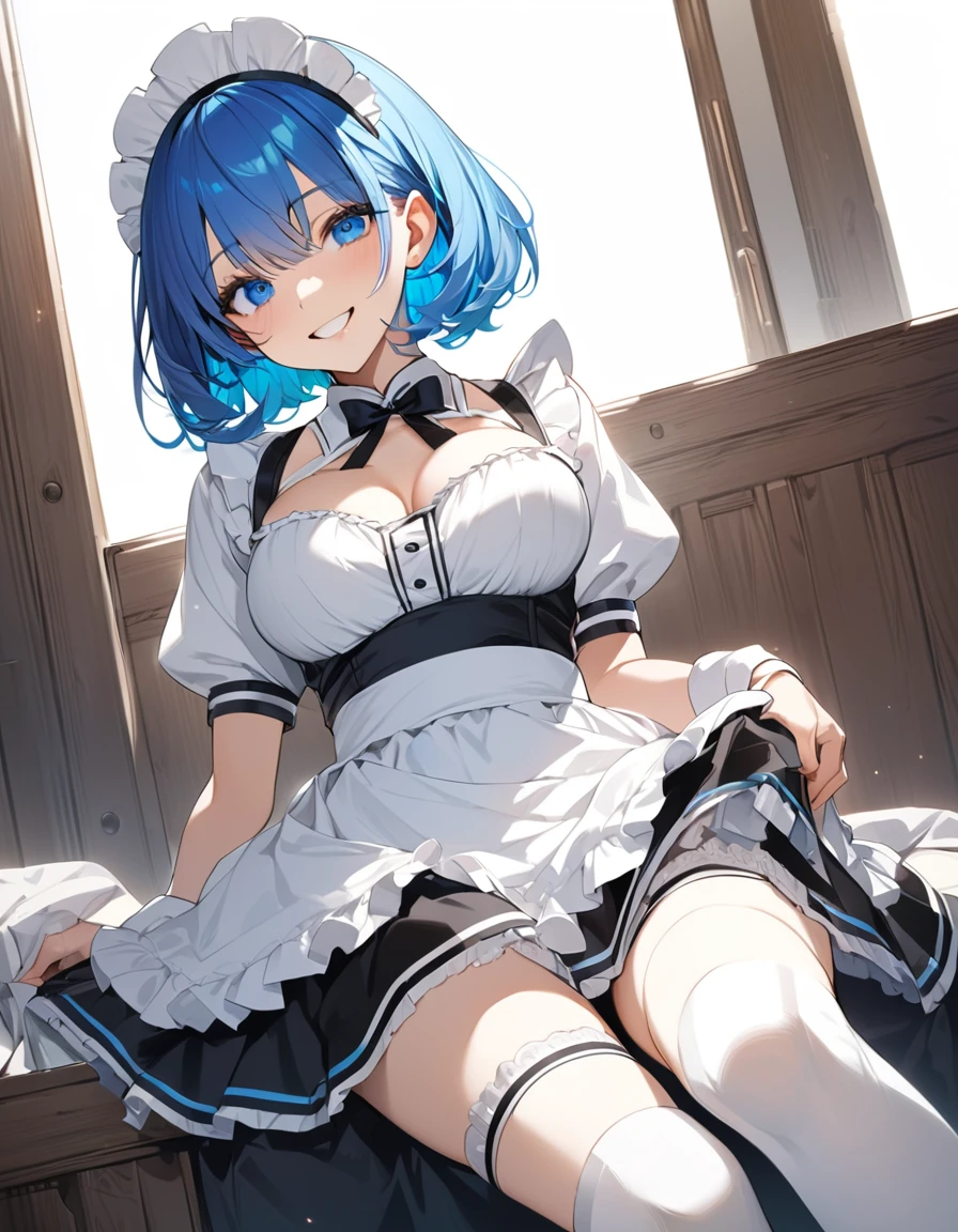 Beautiful girl in maid、(Top quality illustrations:1.2), (pretty girl:1.1), (1 girl、、Top quality illustrations:1.2), (1 girl、smile、Medium chest、Beautiful breasts、Highly detailed eyes:1.2)、Bright blue hair、Short Bob Hair、(Black and white maid costume、White knee-high socks) 、sit、White background、Simple Background