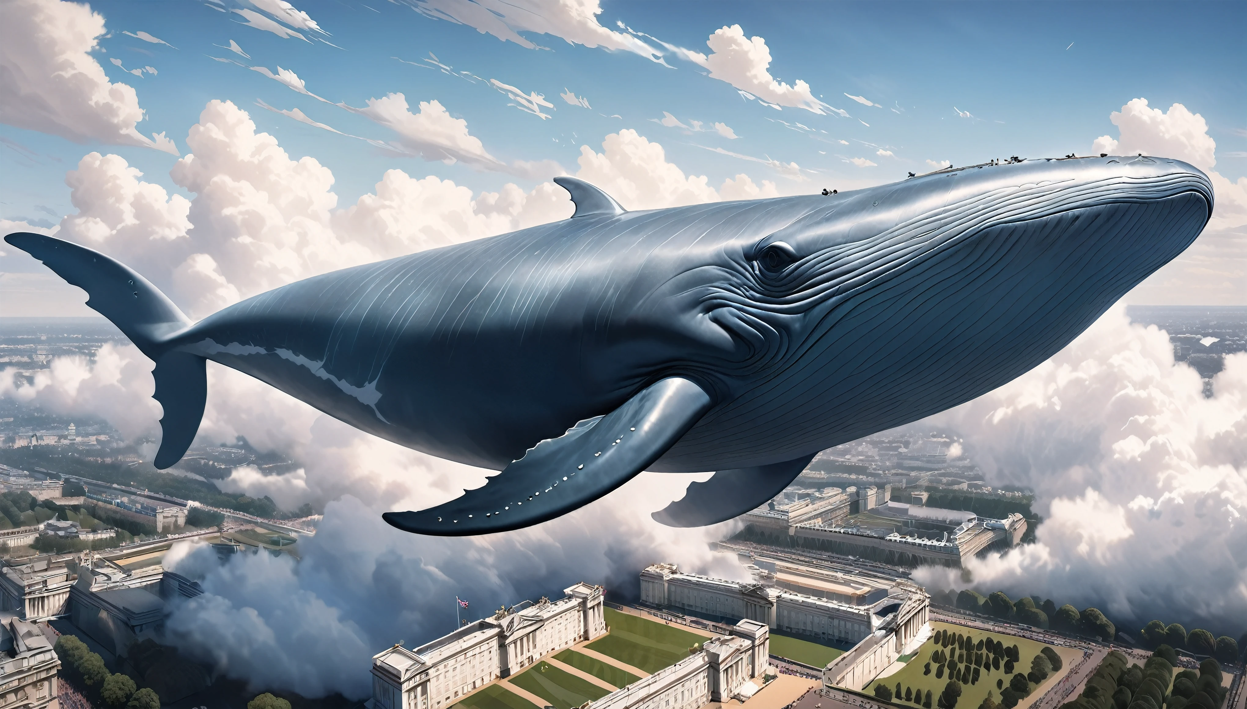 Blue whale flying in the sky, Aesthetic Moby Dick, dynamic, Splash-like clouds, BREAK Above the runway at the airport, (Realistic, Realistic photos:1.37, Photorealistic), 