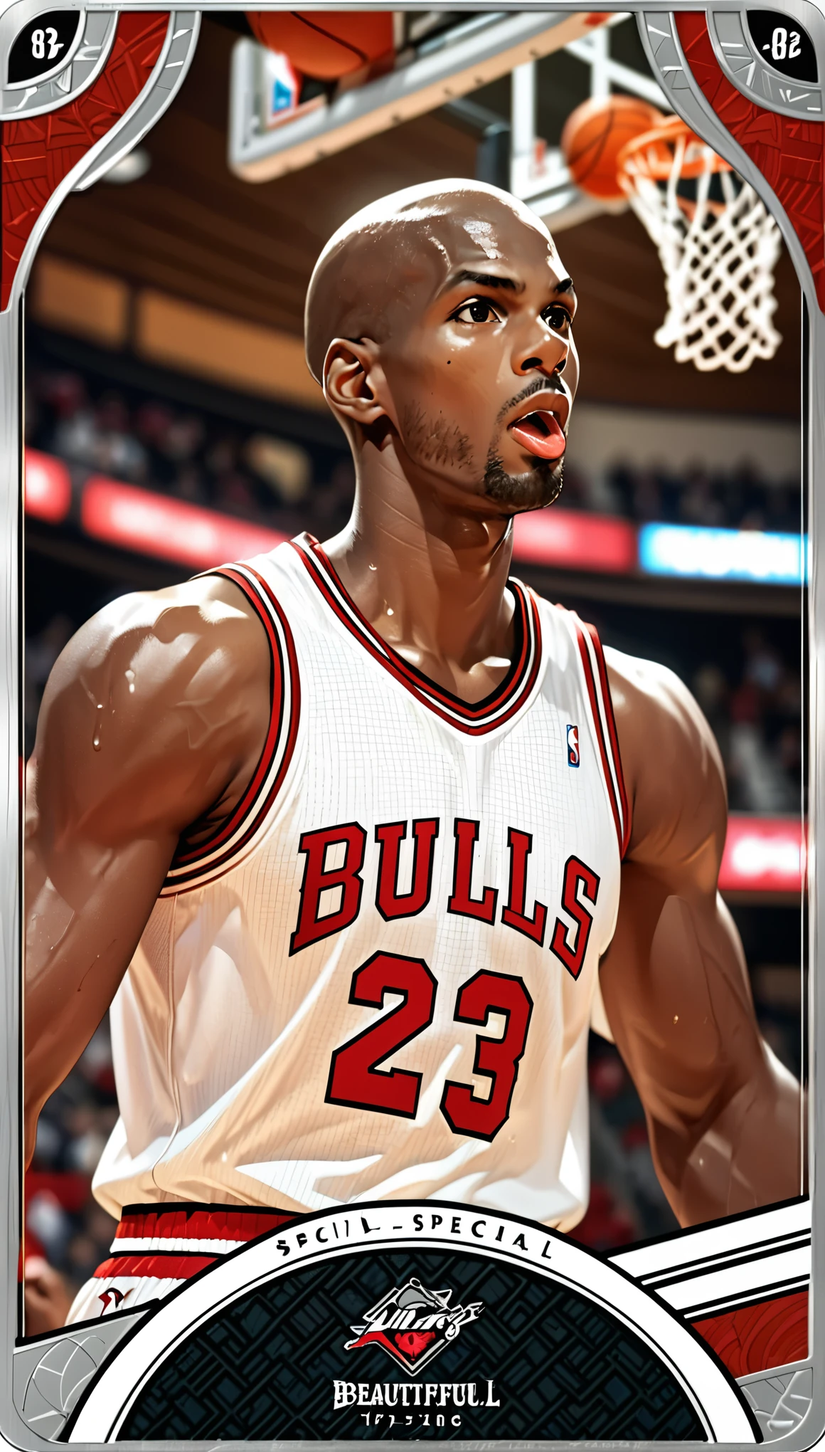 (masterpiece:1.2,Highest quality,Highest quality,High resolution),(Super detailed),(Anime Style),8k,wallpaper,One Man,Black,Basketball Player,Michael Jordan,Detailed face,Sticking out tongue,Chicago Bulls Uniforms,((front)),(((dribble:1.6))),(((Dynamic Angles),Basketball Court,(((Background Blur))),(((Upper body close-up))),((From below)),(Basketball Playerトレーディングカード),(((Beautiful trading cards:1.2))),((Special trading cards:1.3)),((Upper Deck inspired design:1.2))