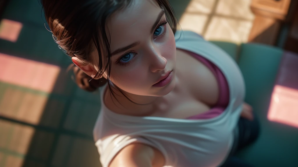 (((ultra realistic))) Photo, masterpiece, top quality, (pale skin), (Ultra detailed face and eyes:1.3), 1 girl, Adult, in a T-shirt, ((Eye makeup, mascara)), (large detailed lips), ((Pink волосы в хвост)), ((Chyolka)) , (Natural breasts), Slim waist. ((Posing)), photoshoot, studio (soft lighting), (The play of light and shadows), depth of field, bokeh, (special attention to skin detail: 1.2), Detailed leather texture, skin pores. (Warm atmosphere of the frame. Color range - purple, Pink, blue tones), UDR, ((Film grain)), ((rays)), (Glare), ((Photo to the waist, view from above)) , ultra detialed,