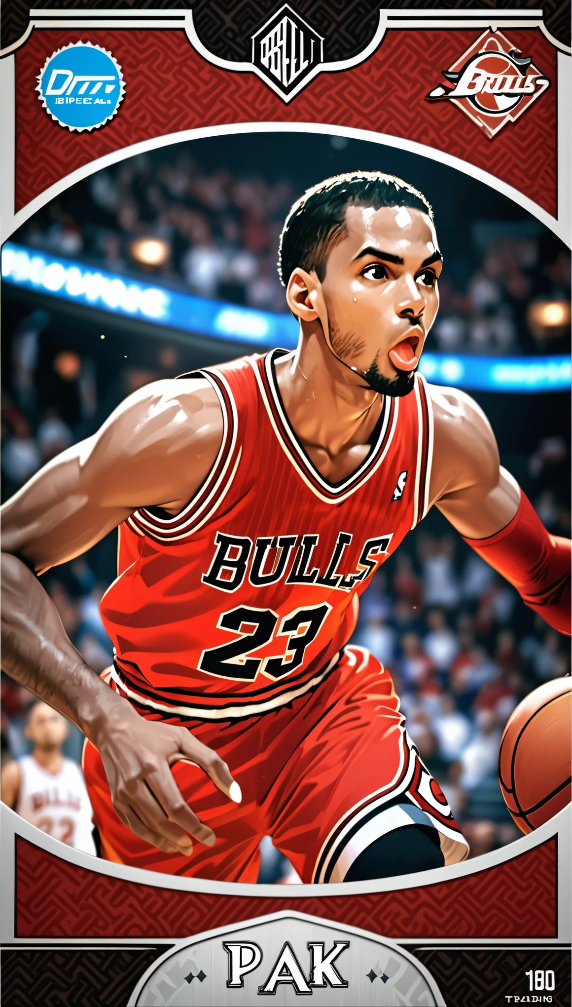 (masterpiece:1.2,Highest quality,Highest quality,High resolution),(Super detailed),(Anime Style),8k,wallpaper,One Man,Black,Basketball Player,Michael Jordan,Detailed face,Sticking out tongue,Chicago Bulls Uniforms,((front)),(((dribble:1.6))),(((Dynamic Angles),Basketball Court,(((Background Blur))),(((Upper body close-up))),((From below)),(Basketball Playerトレーディングカード),(((Beautiful trading cards:1.2))),((Special trading cards:1.3)),((Upper Deck inspired design:1.2))