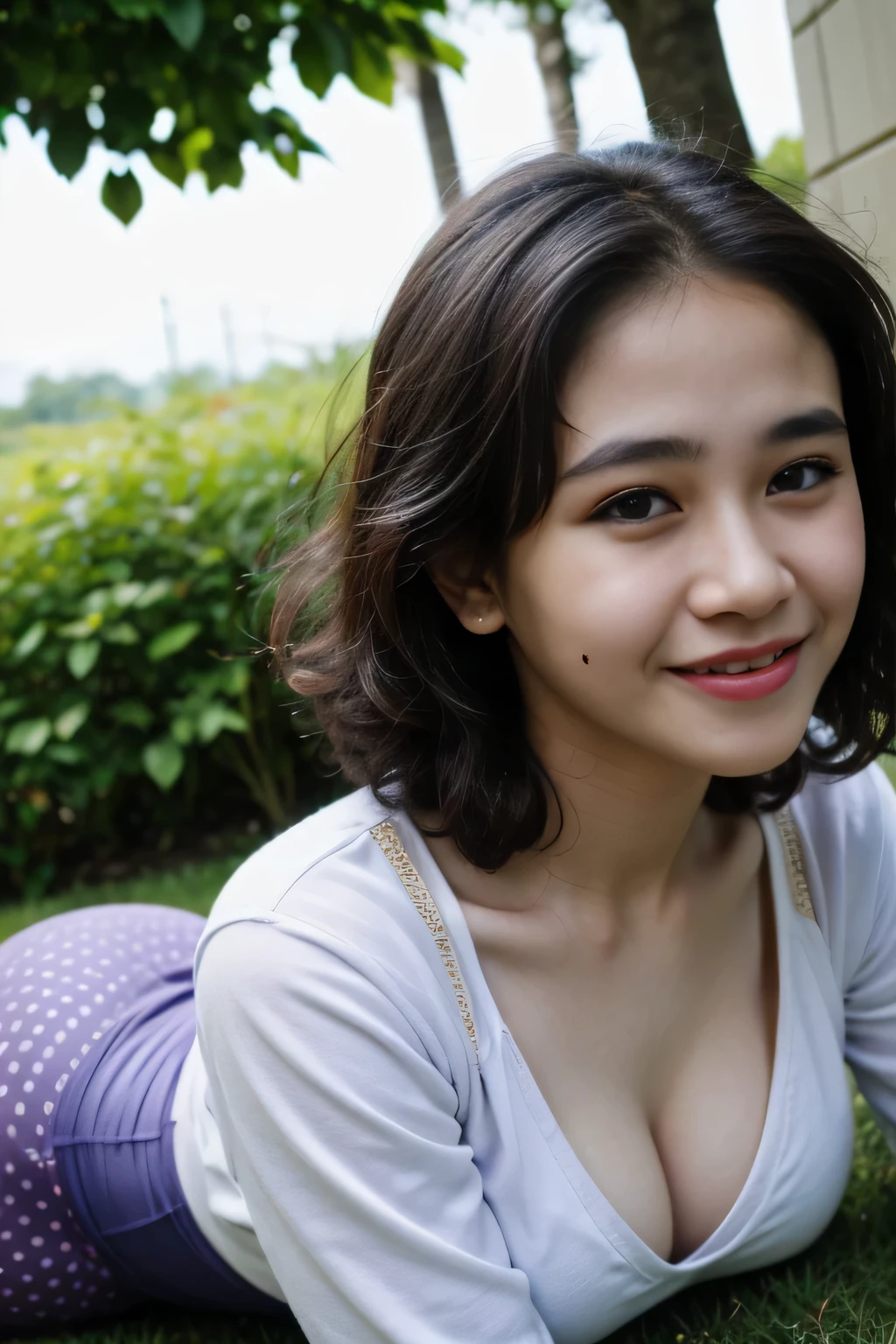 Malay girl wearing, undersize lilac satin bra (polkadot pattern), transparent yoga pants, open shirt, portrait photography, ultra detail, professional photograph with professional lighting, smile, at the garden, outdoor background, curly hair, sexy seducing pose, curvy body, butt closed up angle