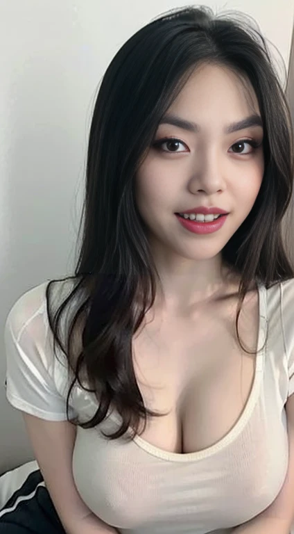 (best quality, masterpiece:1.2), white background, realistic, (casual date outfit: 1.2), (oversized plain t-shirt: 1.2), (baggy pants: 1.2), (brown hair:1.2), big eyes, beautiful woman, smile, eyelashes, highly detailed face, fierce look, angry look, looks like a naughty celebrity but is a good girl, virgin girl, inexperienced virgin girl, full body, (slanted angry eyebrows: 1.6), (discrete sex appeal: 1.0), (big smile: 1.2), (open mouth smile: 1.2), (happy: 1.2), (kind face: 1.2), (genuine smile: 1.2), (genuine smiling eyes: 1.2), extremely kind girl, self conscious about eyebrows, (enormous breasts: 1)