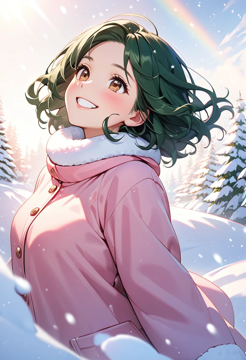 8k, Female model, dark green short wavy hair, Brown eyes, cheerful grin, pink thick winter clothes, looks up at the sky, plays in the snow, fundo neve, smooth light