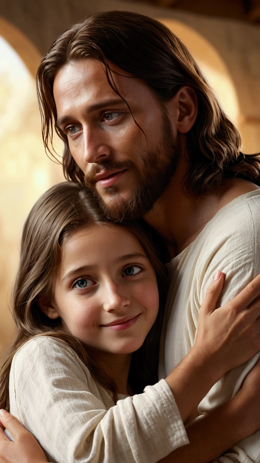 create a photograph Captivating and cinematica scene of jesus embracing a girl. Jesus, with a gentle smile,embrace and conforts her with compassion. Photographic, Cinematic, Perfect Eyes, Perfect Skin, Intricate Details, Realistic Image, Dynamic Lighting, Hyper-detailed, Ultra-Realistic, Realistic Textures, 4K Photorealism.Less
