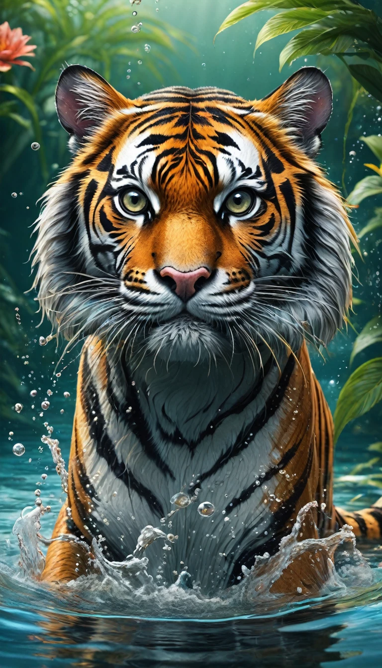 Panorama，A creature in water，Tiger&#39;s head and dragon&#39;s body(best quality，4K，8k，High level，masterpiece：1.2），Ultra Detailed，（lifelike，Photo real，Photo real：1.37），Highly detailed animals，Complex patterns，Realistic lighting，Fantasy Creatures