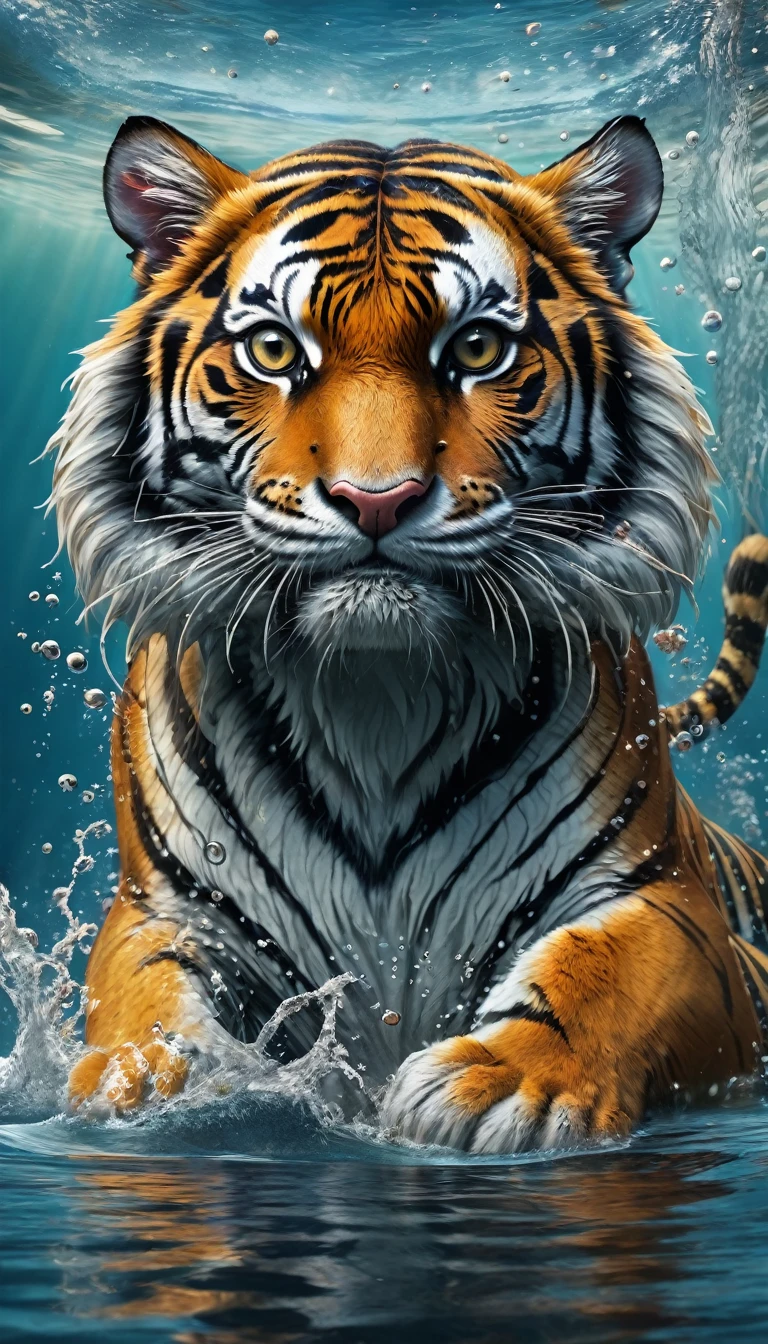 Panorama，A creature in water，Tiger&#39;s head and dragon&#39;s body(best quality，4K，8k，High level，masterpiece：1.2），Ultra Detailed，（lifelike，Photo real，Photo real：1.37），Highly detailed animals，Complex patterns，Realistic lighting，Fantasy Creatures