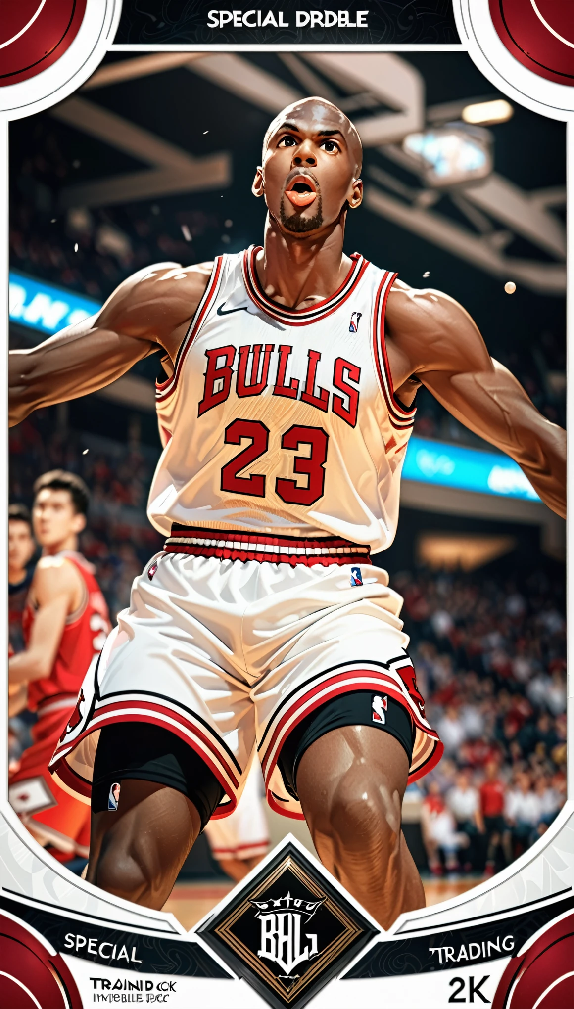 (masterpiece:1.2,Highest quality,Highest quality,High resolution),(Super detailed),(Anime Style),8k,wallpaper,One Man,Black,Basketball Player,Michael Jordan,Detailed face,Sticking out tongue,Chicago Bulls Uniforms,((front)),(((Dynamic Dribble:1.6))),(((Dynamic Angles),Basketball Court,(((Background Blur))),(((Upper body close-up))),((From below)),(Basketball Playerトレーディングカード),(((Beautiful trading cards:1.2))),((Special trading cards:1.3)),((Upper Deck inspired design:1.2))