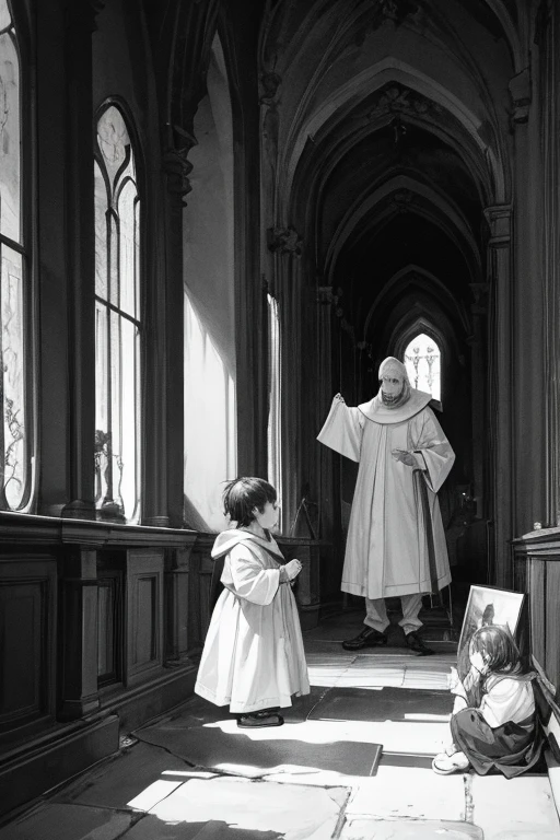 Saint Peter and Saint Paul preaching together to some children (black and white)
