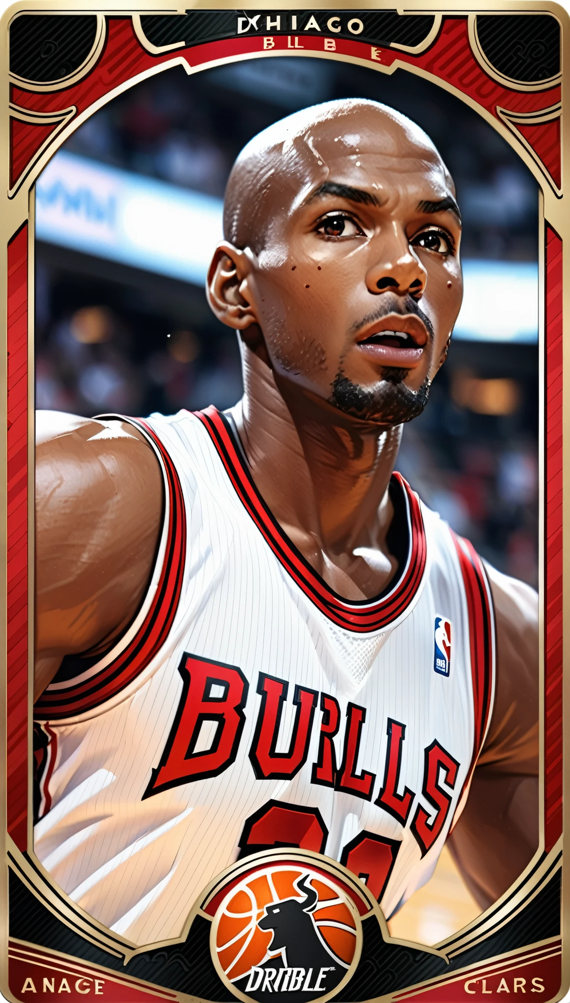 (masterpiece:1.2,Highest quality,Highest quality,High resolution),(Super detailed),(Anime Style),8k,wallpaper,One Man,Black,Basketball Player,Michael Jordan,Detailed face,Sticking out tongue,Chicago Bulls Uniforms,((front)),(((Dynamic Dribble:1.6))),(((Dynamic Angles),Basketball Court,(((Background Blur))),(((Upper body close-up))),((From below)),(Basketball Playerトレーディングカード),(((Beautiful trading cards:1.2))),((Special trading cards:1.3)),((Upper Deck inspired design:1.2))