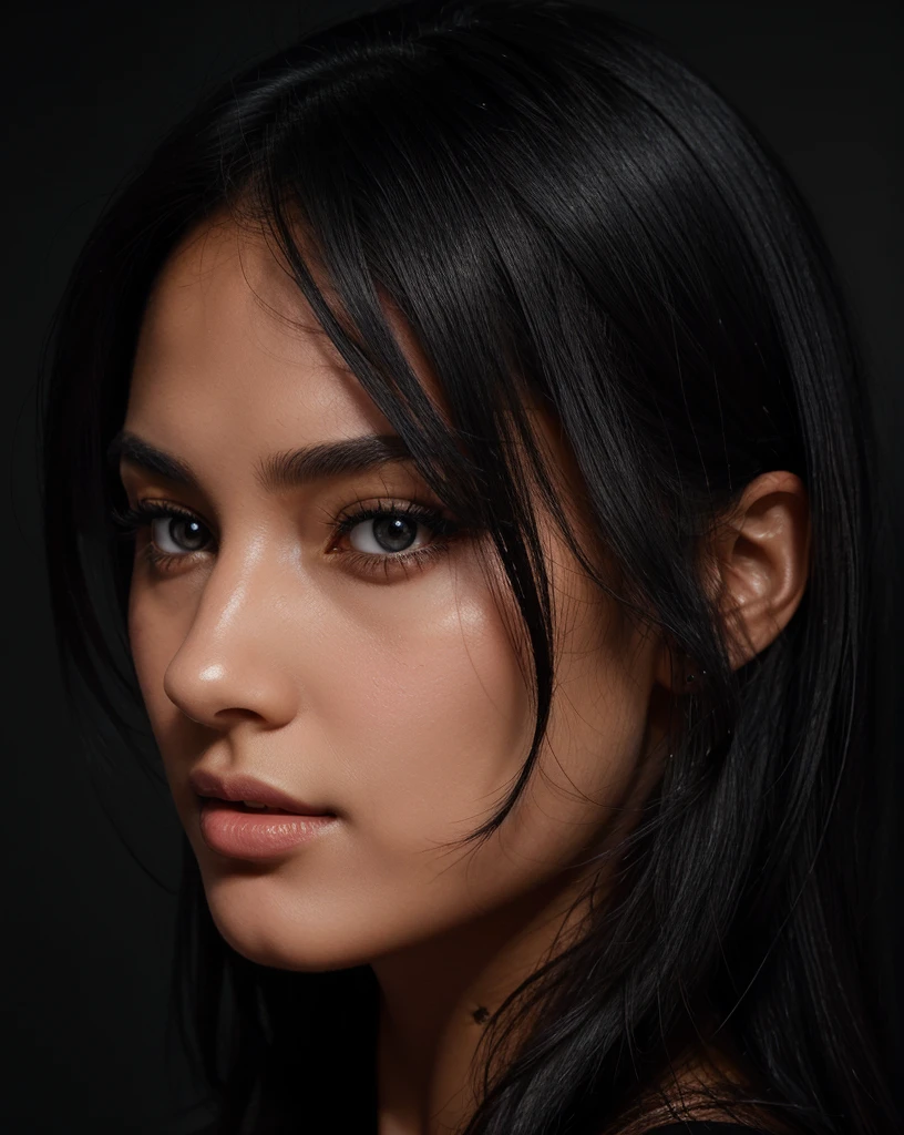 young woman, skin black, blackquality hair, dark shaped eyes, glare eyes, side profile of the face, face detailed, light brightening the face, black background with details, redgown, bluor.