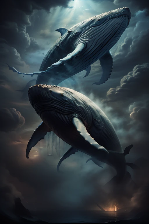 Moby Dick Whale, Sperm Whale,Monster Whale, Pontus
masterpiece,Highest quality,8k,High resolution,
Fantastic,scary,horrific,
Please draw a mysterious horrifying giant monster whale flying in the sky attacking airplanes. clear sky, whale teeth