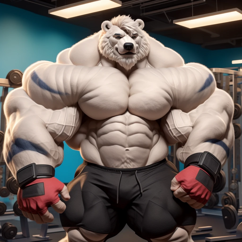 solo, 1boy, Huge Muscular White Polar Bear, huge white fur, pectoral, huge pectoral, wide pectoral, short white hair, ((really big muscle, massive muscular, sixpack, thick arms, wide pectoral, super huge muscle, hyper muscular, over sized muscle, huge arms, big arms, huge pectoral)), black gym short pants, black wristbands, fingerless gloves and shirtless and topless, white bearded, white Mustache, white fur, black eyebrows, gym fitness center background, masterpiece, high detailed, 8k, high resolution, at the gym, flexes huge body