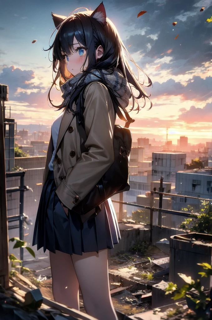 1girl, An anime-style character, female, standing on a ledge overlooking a city in a state of disrepair. The character has cat ears and is dressed in a , featuring a brown jacket and a pleated skirt. She carries a satchel over her shoulder.

The city below appears to be abandoned, with broken and overgrown structures. The warm, golden light of the setting sun casts long shadows and bathes the scene in a soft glow, creating a beautiful yet poignant contrast with the surrounding decay. The sky is partly cloudy with a few scattered leaves or debris caught in the breeze, adding to the sense of desolation and quiet.

The overall composition evokes a sense of solitude and contemplation, as the character gazes at the distant horizon, suggesting themes of resilience, hope, or a journey.