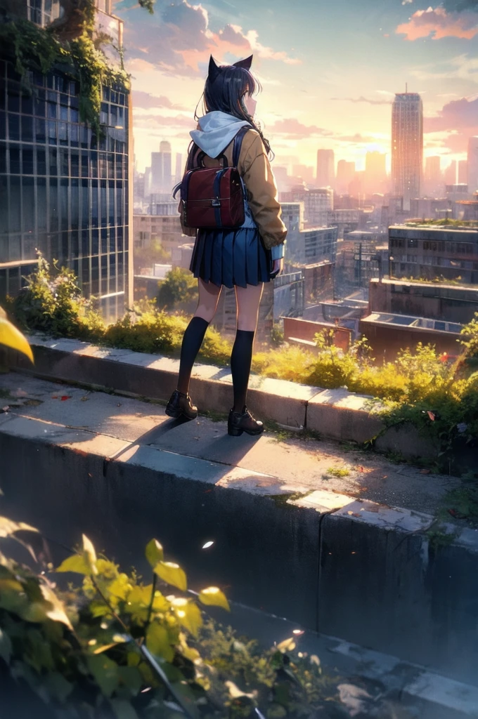 1girl, An anime-style character, female, standing on a ledge overlooking a city in a state of disrepair. The character has cat ears and is dressed in a , featuring a brown jacket and a pleated skirt. She carries a satchel over her shoulder.

The city below appears to be abandoned, with broken and overgrown structures. The warm, golden light of the setting sun casts long shadows and bathes the scene in a soft glow, creating a beautiful yet poignant contrast with the surrounding decay. The sky is partly cloudy with a few scattered leaves or debris caught in the breeze, adding to the sense of desolation and quiet.

The overall composition evokes a sense of solitude and contemplation, as the character gazes at the distant horizon, suggesting themes of resilience, hope, or a journey.