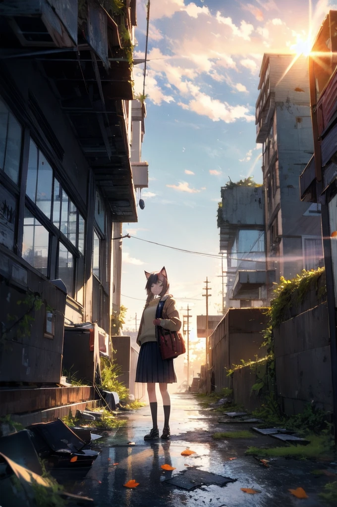 1girl, An anime-style character, female, standing on a ledge overlooking a city in a state of disrepair. The character has cat ears and is dressed in a , featuring a brown jacket and a pleated skirt. She carries a satchel over her shoulder.

The city below appears to be abandoned, with broken and overgrown structures. The warm, golden light of the setting sun casts long shadows and bathes the scene in a soft glow, creating a beautiful yet poignant contrast with the surrounding decay. The sky is partly cloudy with a few scattered leaves or debris caught in the breeze, adding to the sense of desolation and quiet.

The overall composition evokes a sense of solitude and contemplation, as the character gazes at the distant horizon, suggesting themes of resilience, hope, or a journey.