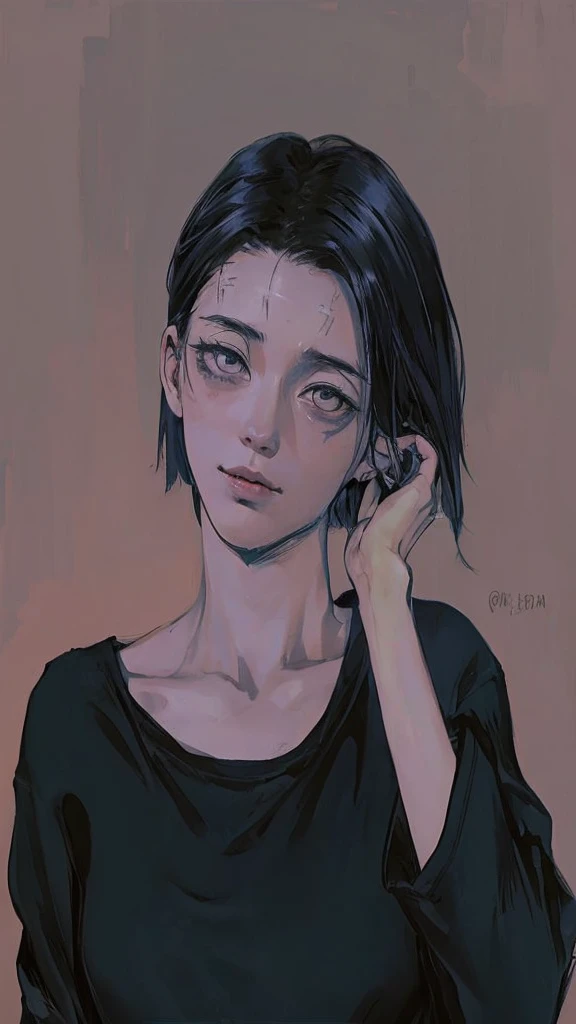 A woman dressed in a medium length medium sleeved shirt, black jeans, floating above the skies of Japan, a stitch mark scars across her forehead, a faint smile as she holds a black hole in her hand