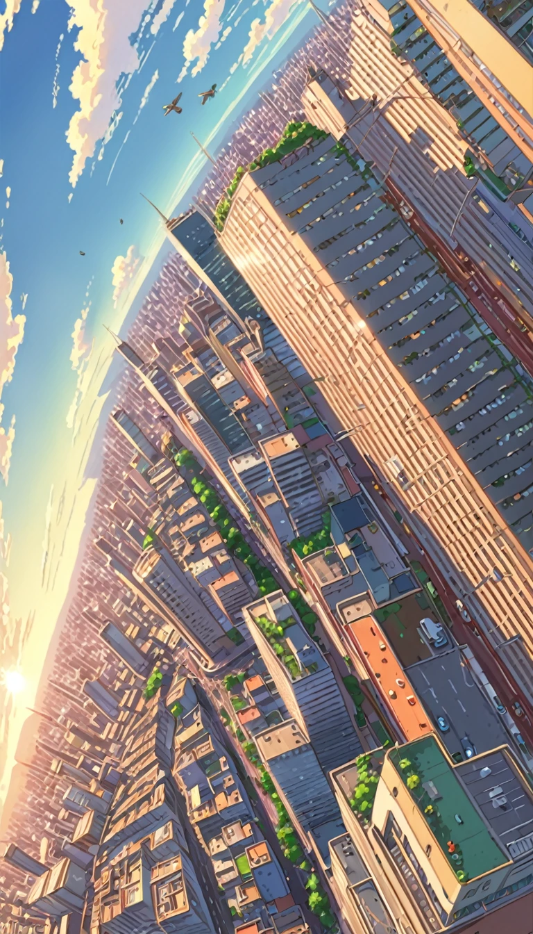 ((anime:1.4,illustration)),(masterpiece, top quality, best quality),(ultra-detailed, absolutely resolution),((16k, high res)). BREAK {lofi art, style of Laurie Greasley, style of Makoto Shinkai, anime aesthetic}, BREAK I'm looking down on a city in the near future, lots of skyscrapers, cars flying in the sky, sunny afternoon,}