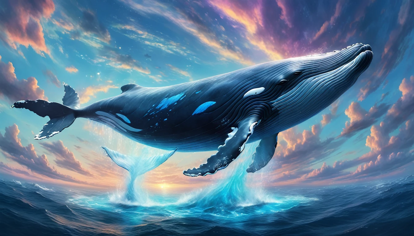 A floating whale, majestic and ethereal, soaring through a dreamscape sky, (best quality,8k,highres,masterpiece:1.2),ultra-detailed,realistic,photorealistic,photo-realistic:1.37,concept art,digital painting,dramatic lighting,dramatic cloudy sky,soft pastel colors,bioluminescent glowing markings on the whale's body,intricate detailed texture on the whale's skin,a sense of weightlessness and wonder