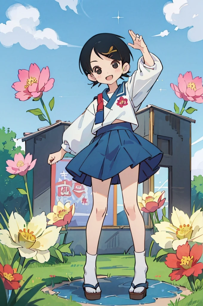 (masterpiece, Highest quality, detailed:1.3),(photograph:1.3), HD transparent background, Attention to detail,cute,One Girl, cute表情, smile,、Sparkling eyes,The audience watching,(small),smile, Perfect Face,Japanese Girls,mini skirt,Full body portrait,uniform、flower、Town、Outdoor、blue sky