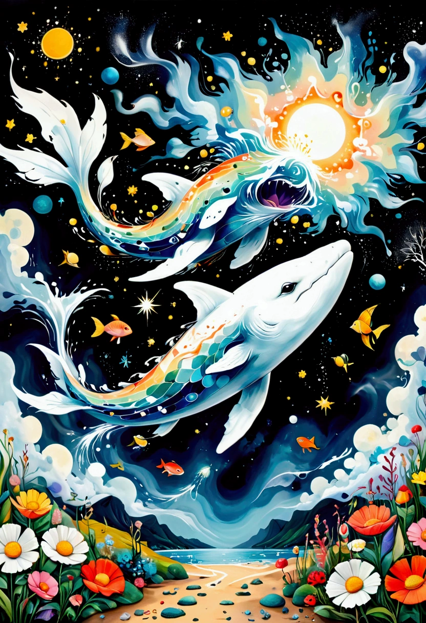 Children's graffiti,Thick coating,Concave and convex texture,Oil pastel strokes:Artists from the stars,Child,joy, Flying white Whale:1.37、Eruption Cloud、flowesh、章fish触手瀑布。、bird、Eye、diatom,Abstract mosaic painting,Describing the inner world of autistic people,Large area of white,interesting,Innocence,Vision,Psychedelic Art,Black starry sky