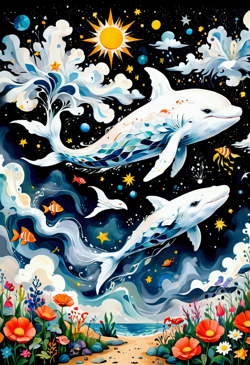 Children's graffiti,Thick coating，Concave and convex texture，Oil pastel strokes：Artists from the stars，Child，joy， Flying white Whale:1.37、Eruption Cloud、flowesh、章fish触手瀑布。、bird、Eye、diatom，Abstract mosaic painting，Describing the inner world of autistic people，Large area of white，interesting，Innocence，Vision，Psychedelic Art，Black starry sky
