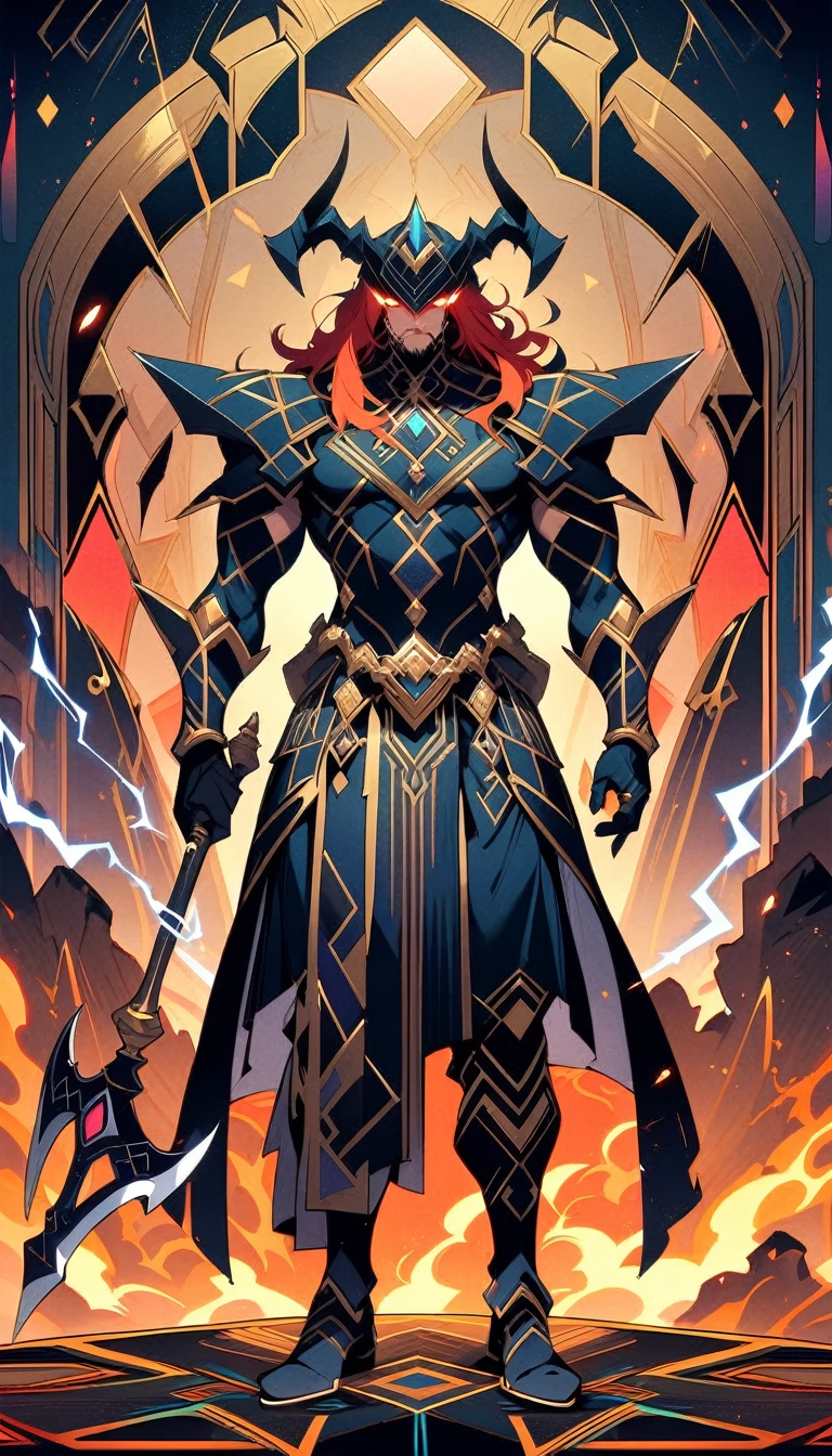 ((best quality)) , ((masterpiece)) , (detailed),axe, 1boy, male focus, horns, glowing eyes, holding, beard, glowing, solo, weapon, holding axe, facial hair, muscular, fire, holding weapon, chain, looking at viewer, long hair, lightning, muscular male, red hair, horned helmet, armor, helmet, belt, fake horns, molten rock, feet out of frame, standing, battle axe, electricity,(((art deco style. geometric shapes, bold colors, luxurious, elegant, decorative, symmetrical, ornate, detailed)))