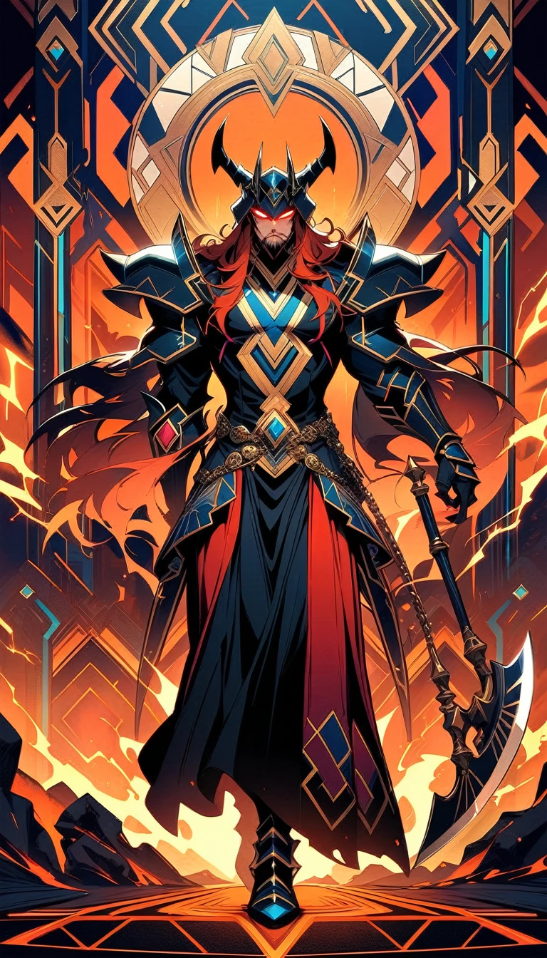 ((best quality)) , ((masterpiece)) , (detailed),axe, 1boy, male focus, horns, glowing eyes, holding, beard, glowing, solo, weapon, holding axe, facial hair, muscular, fire, holding weapon, chain, looking at viewer, long hair, lightning, muscular male, red hair, horned helmet, armor, helmet, belt, fake horns, molten rock, feet out of frame, standing, battle axe, electricity,(((art deco style. geometric shapes, bold colors, luxurious, elegant, decorative, symmetrical, ornate, detailed)))