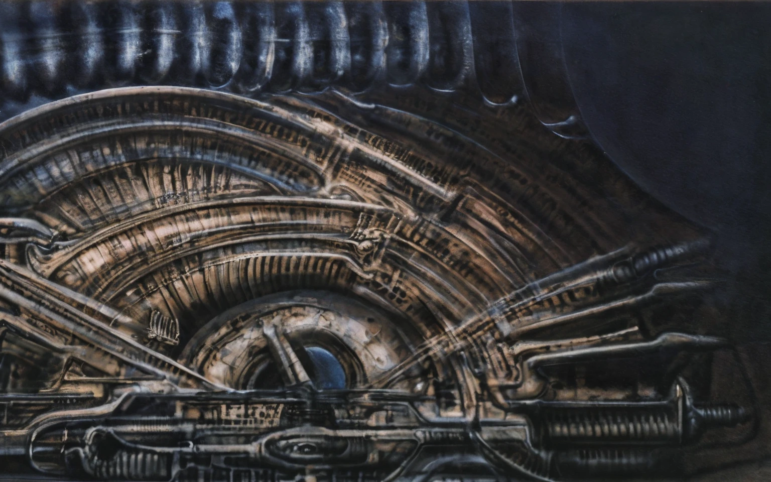 xgiger, The image is a detailed view of H.R. Giger's biomechanical tableau \" LANDSCAPE No 312 \" plate, featuring
a complex, intricate, and detailed design of endless Machine in the transit space over the cascade of fallen water, that appears to be a fusion of organic and mechanical elements, with a focus on the interplay between the two.The piece is a tableau, most likely created with a India ink pen or pencil on paper, determined by the thin lines, shading techniques, and the texture of the paper, which is visible around the edges.
Used is pen, given the shading and variations in line weight visible in the image. Artist have used a variety of stylus with different degrees of hardness to achieve the shading effects.
The use of undersaturated green-grays dark contrasts creates a stark and graphic look. Is used a variety of linework techniques to create different textures. Fine, parallel lines create a smooth, metallic texture,while thicker, more cursive lines suggest cables or wires.
Light source from the top highlights skeletals, pper part of foreground, lower part of image is in shadowupper part of foreground, lower part of image is in shadow.
The art performance showcases the artist’s skills in observation and rendering. The level of detail in the piece suggests a close study of real bone specimens and mechanics. The artist has skillfully used shading techniques to create a convincing illusion of three-dimensionality on a flat surface. The wrinkles and cracks in the surface, and the cast shadows with accuracy, used shading techniques to create a realistic depiction of light and shadow on the objects. This creates a sense of depth and dimension in the image. The artist has used careful linework to depict the contours and textures in the piece
Sharp focus on foreground elements illustration. Deep and delicate DOF. Big painting. Stored in Louvre masterpiece, ooze soaked pajama top