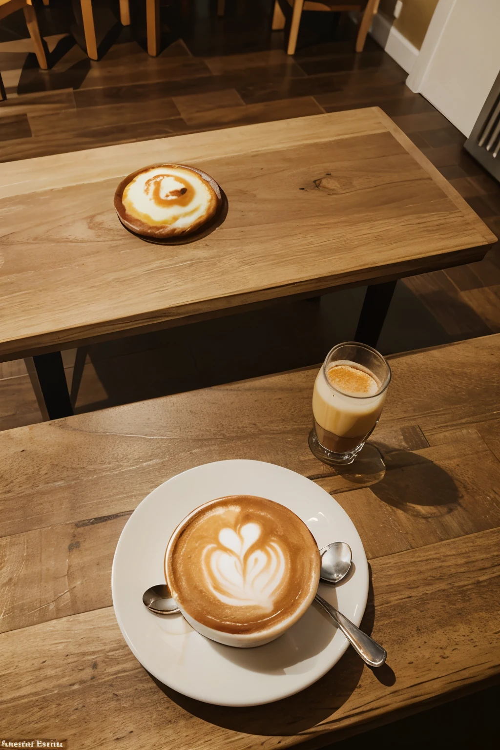 a breakfast with a cappuccino and a dessert on the table in which it is captured from above that only the table with the food can be seen in real format