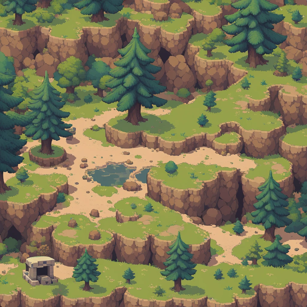 retro video game style,pixelated, vibrant pastel colors,8-bit characters,blocky shapes,sharp lines,detailed shading,classic gaming vibe,nostalgic atmosphere,classic arcade games,masterpiece:1.2,ultra-detailed,illustration style, 2d texture, stone texture, 4 k seamless mud texture, video game texture, dirt texture, tileset, game tiles, grass, 3/4th perspective trees, 3/4th perspective tileable rock texture, 3/4th perspective tileable cliff formations, tileable trees, topdown view, game texture, game art, tileable texture, very detailed cliff texture, intricate stones, top down view, 3/4th perspective